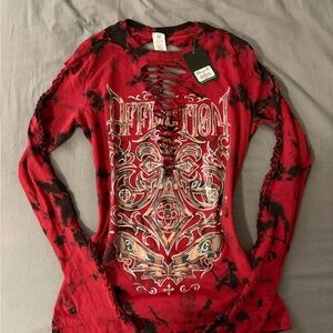affliction abrasive line long sleeve red women’s shirt brand new with tags